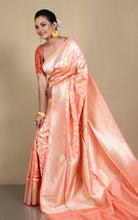Jangla Jaal Work Pure Katan Banarasi Silk Saree in Creamy Peach and Antique Silver