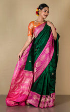 Pure Katan Banarasi Silk Saree in Forest Green and Hot Pink