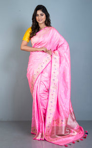 Exclusive Banarasi Katan Silk Saree in Neon Pink, Antique Golden and Multicolored Minakari Thread Work