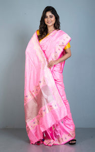 Exclusive Banarasi Katan Silk Saree in Neon Pink, Antique Golden and Multicolored Minakari Thread Work