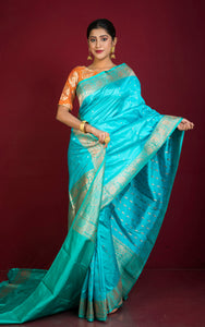 Premium Quality Banarasi Silk Saree in Vivid Sky Blue, Dark Turquoise and Gold
