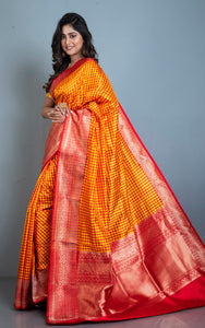 Designer Checks Katan Banarasi Silk Saree in Bright Yellow and Red