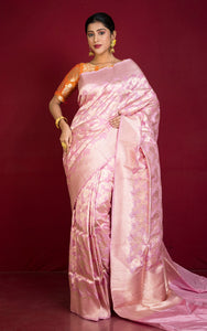 Jangla Jaal Work Pure Katan Banarasi Silk Saree in Blush Pink and Antique Silver