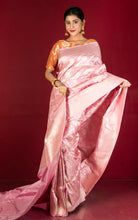 Jangla Jaal Work Pure Katan Banarasi Silk Saree in Blush Pink and Antique Silver