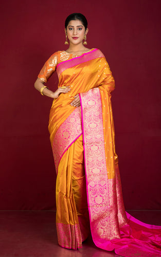 Premium Quality Banarasi Silk Saree in Harvest Golden, Bright Pink and Gold