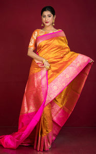 Premium Quality Banarasi Silk Saree in Harvest Golden, Bright Pink and Gold