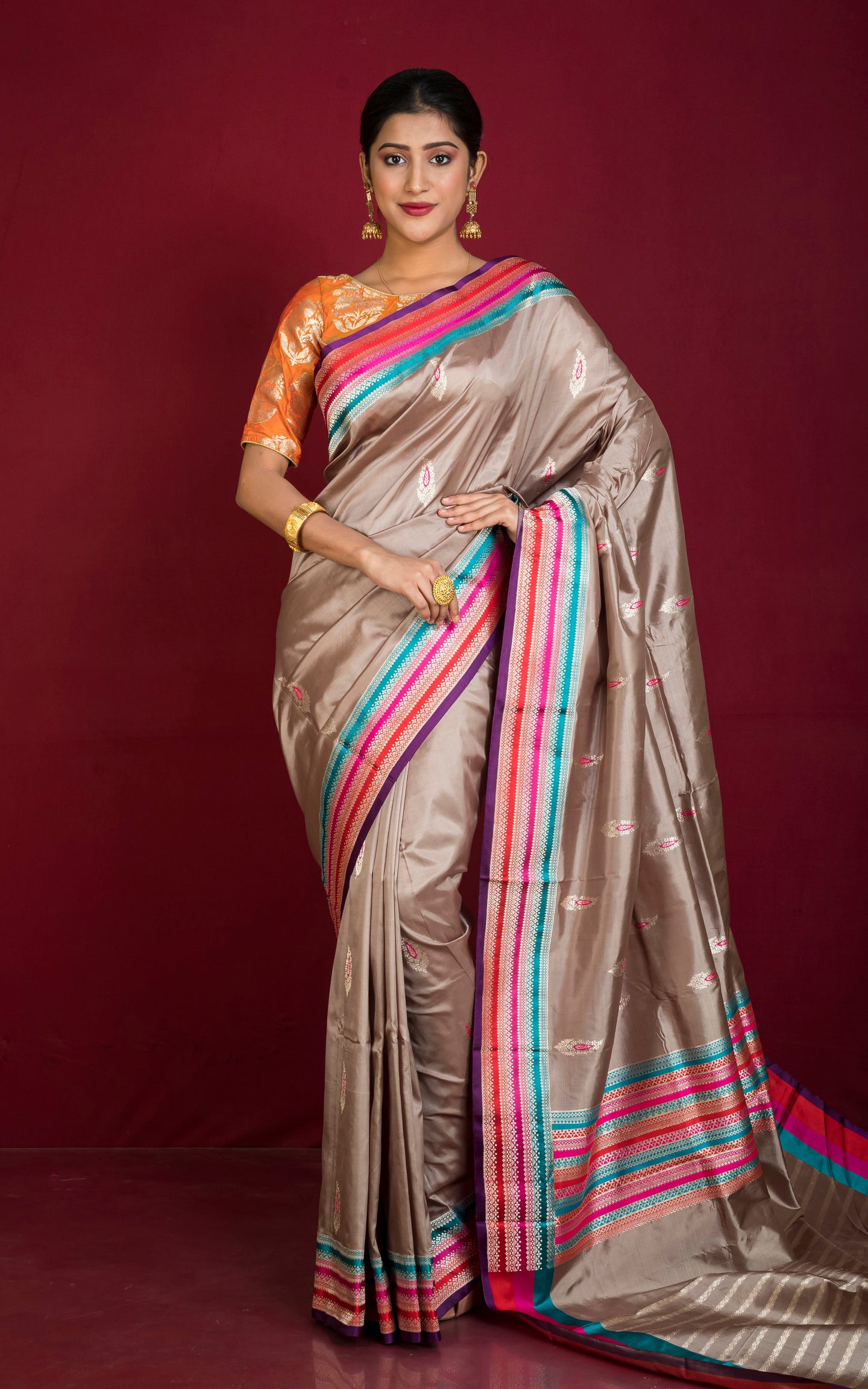 Minakari Work Pure Katan Banarasi Silk Saree in Warm Grey and Multicolored