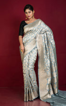 Jangla Jaal Work Pure Katan Banarasi Silk Saree in Ash and Antique Silver