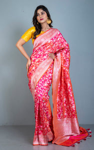 Exclusive Brocade Banarasi Katan Silk Saree in Bright Peach and Water Gold Jangla Jaal Work