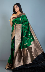 Pure Katan Banarasi Silk Saree in Bottle Green, Black and Antique Gold