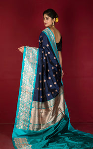 Pure Katan Banarasi Silk Saree in Ink Blue, Teal and Antique Gold