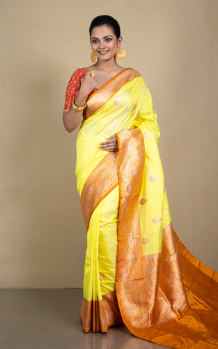 Pure Katan Banarasi Silk Saree in Fluorescent Yellow, Cinnamon and Antique Gold