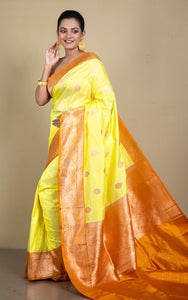 Pure Katan Banarasi Silk Saree in Fluorescent Yellow, Cinnamon and Antique Gold