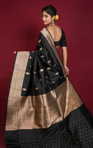 Pure Katan Banarasi Silk Saree in Black and Antique Gold