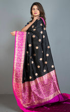 Pure Katan Banarasi Silk Saree in Black, Magenta and Antique Gold