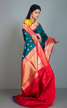 Pure Katan Banarasi Silk Saree in Dark Rama Green, Red and Antique Gold