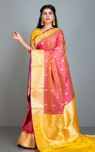 Pure Katan Banarasi Silk Saree in Red Sandalwood, Bright Yellow, Dark Brown and Antique Gold