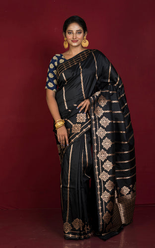 Pure Katan Banarasi Silk Saree in Onyx Black and Antique Gold
