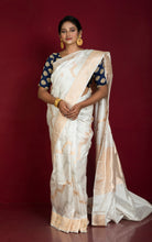 Designer Floral Aara Nakshi Katan Banrasi Silk Saree in Pearl White with Antique Golden & Silver Woven Zari Work