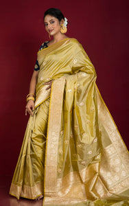 Self Woven Minakari Work Pure Katan Banarasi Silk Saree in Olive Yellow, Dark Green, Dark Red and Antique Golden