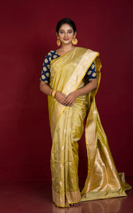 Self Woven Minakari Work Pure Katan Banarasi Silk Saree in Olive Yellow, Dark Green, Dark Red and Antique Golden