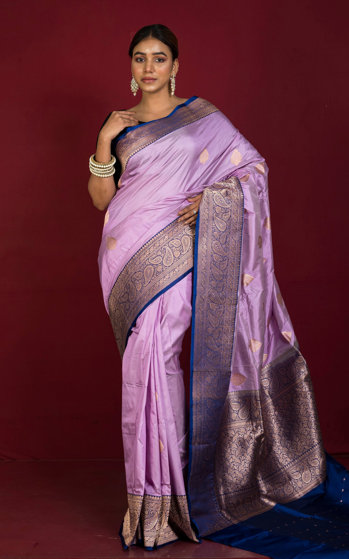 Pure Katan Banarasi Silk Saree in Lavender, Royal Blue and Antique Gold