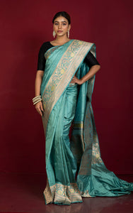 Self Woven Minakari Work Pure Katan Banarasi Silk Saree in Teal Green, Pistacho Green and Antique Golden