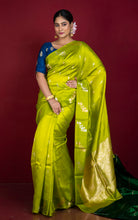 Pure Katan Banarasi Silk Saree in Bright Green, Antique Gold and Silver