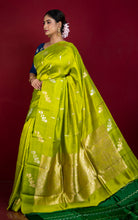 Pure Katan Banarasi Silk Saree in Bright Green, Antique Gold and Silver