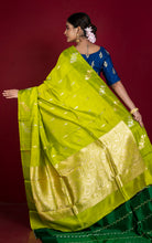 Pure Katan Banarasi Silk Saree in Bright Green, Antique Gold and Silver