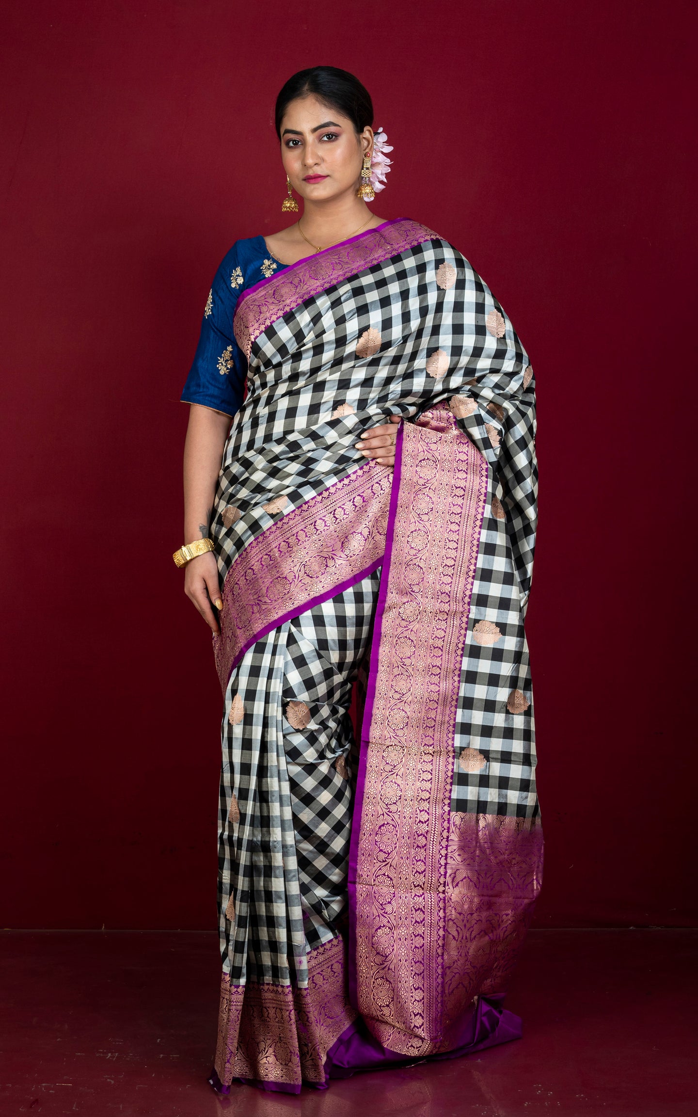 Designer Checks Katan Banarasi Silk Saree in Black, Off White and Purple