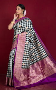 Designer Checks Katan Banarasi Silk Saree in Black, Off White and Purple