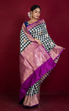 Designer Checks Katan Banarasi Silk Saree in Black, Off White and Purple