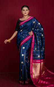 Pure Katan Banarasi Silk Saree in Ink Blue, Hot Pink, Antique Gold and Silver