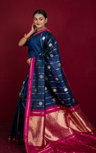 Pure Katan Banarasi Silk Saree in Ink Blue, Hot Pink, Antique Gold and Silver