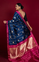 Pure Katan Banarasi Silk Saree in Ink Blue, Hot Pink, Antique Gold and Silver