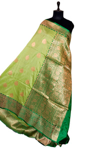 Pure Katan Banarasi Silk Saree in Crayola Yellow Green, Dark Green and Antique Gold