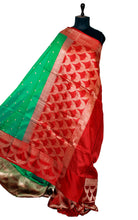 Pure Katan Banarasi Silk Saree in Emerald Green and Red