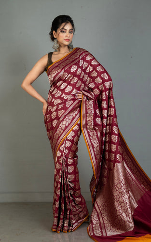 Best Quality 2ply Semi Katan Silk Saree in Wine, Orange Brown and Antique Gold Zari Work