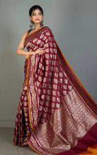 Best Quality 2ply Semi Katan Silk Saree in Wine, Orange Brown and Antique Gold Zari Work