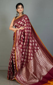 Best Quality 2ply Semi Katan Silk Saree in Wine, Orange Brown and Antique Gold Zari Work