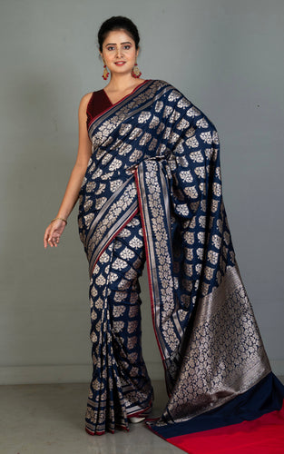 Best Quality 2ply Semi Katan Silk Saree in Midnight Blue, Falu Red and Antique Gold Zari Work