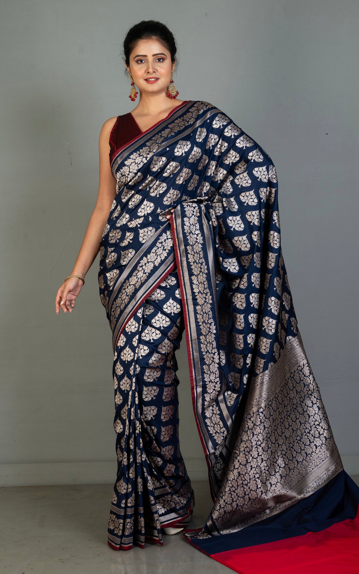Best Quality 2ply Semi Katan Silk Saree in Midnight Blue, Falu Red and Antique Gold Zari Work