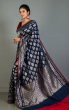 Best Quality 2ply Semi Katan Silk Saree in Midnight Blue, Falu Red and Antique Gold Zari Work