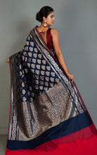 Best Quality 2ply Semi Katan Silk Saree in Midnight Blue, Falu Red and Antique Gold Zari Work