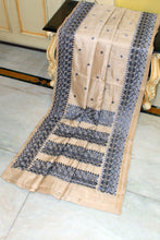 Kathiyawari Embroidery Work on Semi Dupion Silk Saree in Almond Beige and Carbon Grey Thread Work