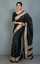 Kathiyawari Embroidery Work on Semi Dupion Silk Saree in Black and Amber Beige Thread Work