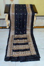 Kathiyawari Embroidery Work on Semi Dupion Silk Saree in Black and Amber Beige Thread Work