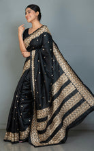 Kathiyawari Embroidery Work on Semi Dupion Silk Saree in Black and Amber Beige Thread Work