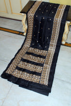 Kathiyawari Embroidery Work on Semi Dupion Silk Saree in Black and Amber Beige Thread Work